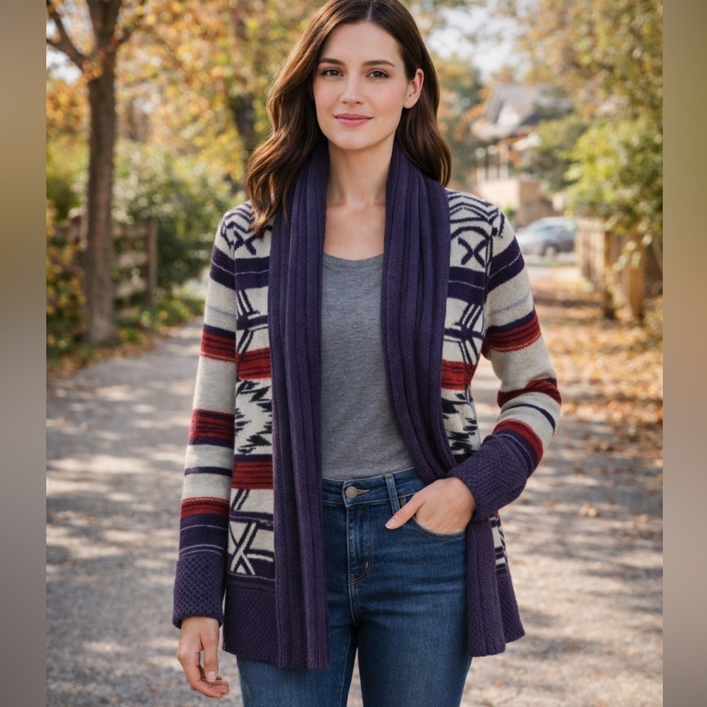 BCBGMAXAZRIA Southwestern Aztec Knit Cardigan Boho Open Front Sweater Size M